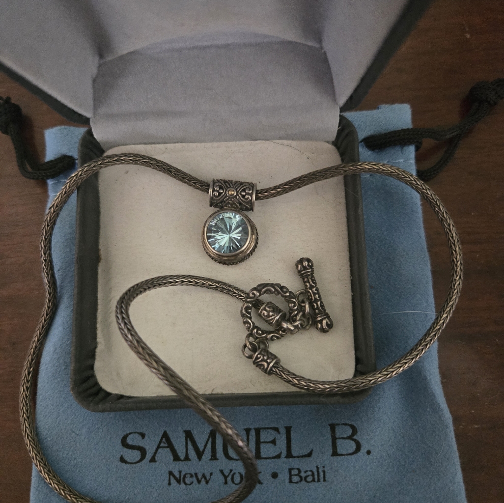 New Samuel B. Sterling Silver/18k Necklace W Blue Topaz Gem With Box & Dust Bag
